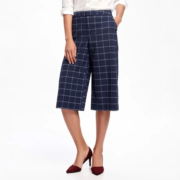 Old Navy Windowpane Plaid Wide Leg Crop Pants Navy/White Career Office Sz 4 - Picture 1 of 8